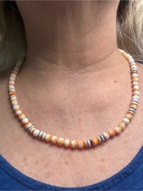 Handcrafted Orange Spiny Oyster Shell and Purple Wampum Shell Beaded Necklace